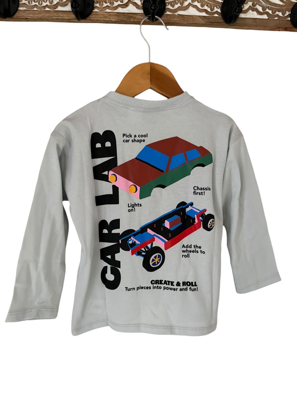 Kids Graphic 'Car Lab' Long Sleeve Tee - Light Blue with Colorful Car Print 2T